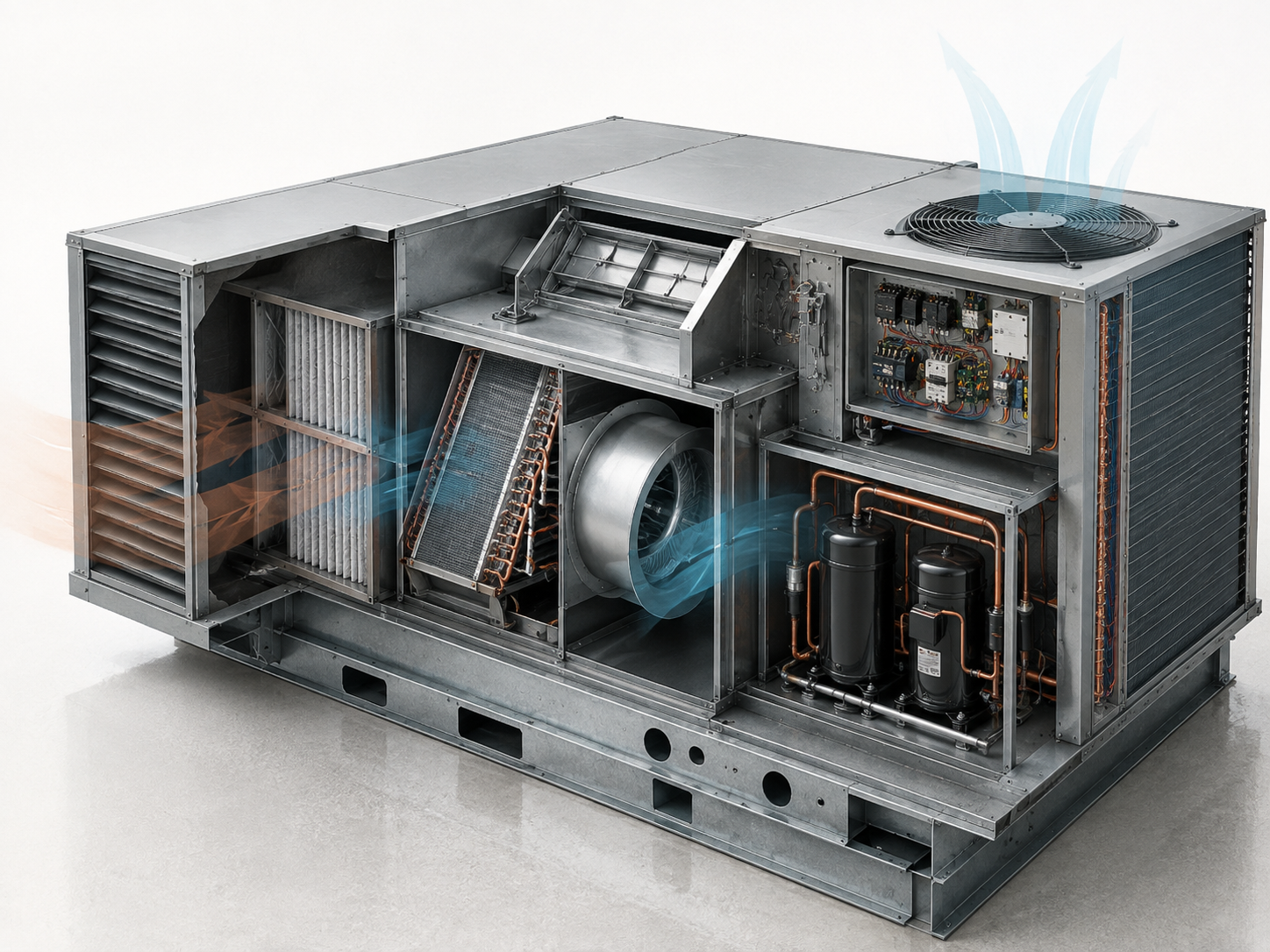 Cutaway technical illustration of a commercial rooftop HVAC unit showing return and supply airflow, economizer dampers, filters, evaporator coil, supply blower, compressors, condenser coil and fan, and the controls and electrical panel.